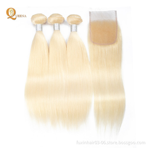 40 Inch Russian Blonde Weave Virgin Raw Straight Human Hair Machine Double Weft 613 Bundles